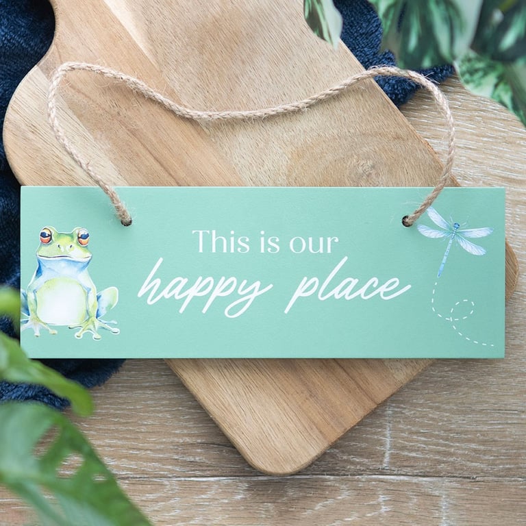 Light Green Happy Place Hanging Sign with Frog and Dragonfly Design - Rustic Patio Decor
