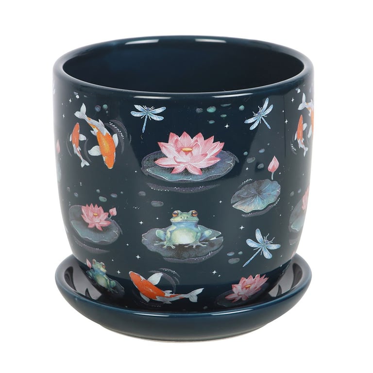 Pond Print Plant Pot with Saucer - Beautiful House Plants Decoration Featuring Frogs and Dragonflies