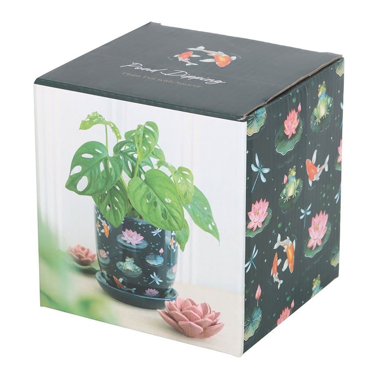 Pond Print Plant Pot with Saucer - Beautiful House Plants Decoration Featuring Frogs and Dragonflies