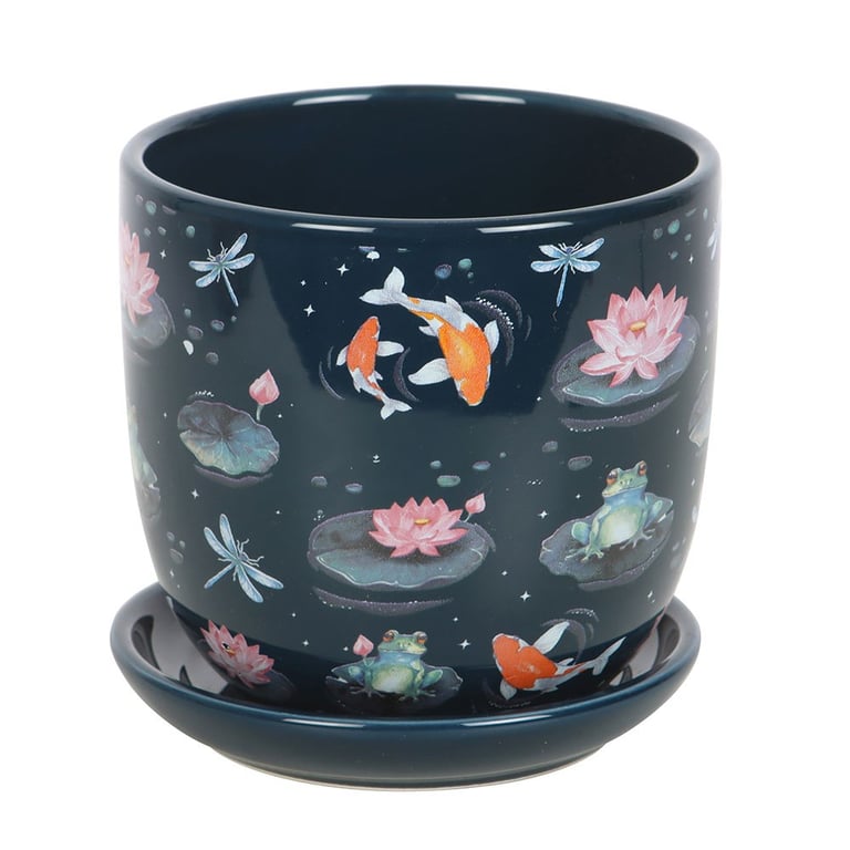 Pond Print Plant Pot with Saucer - Beautiful House Plants Decoration Featuring Frogs and Dragonflies