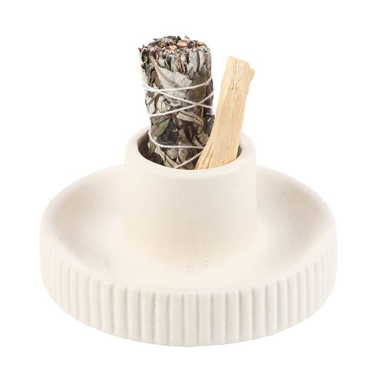 Cream Ribbed Ceramic Smudge Bowl for Spiritual Rituals and Decor