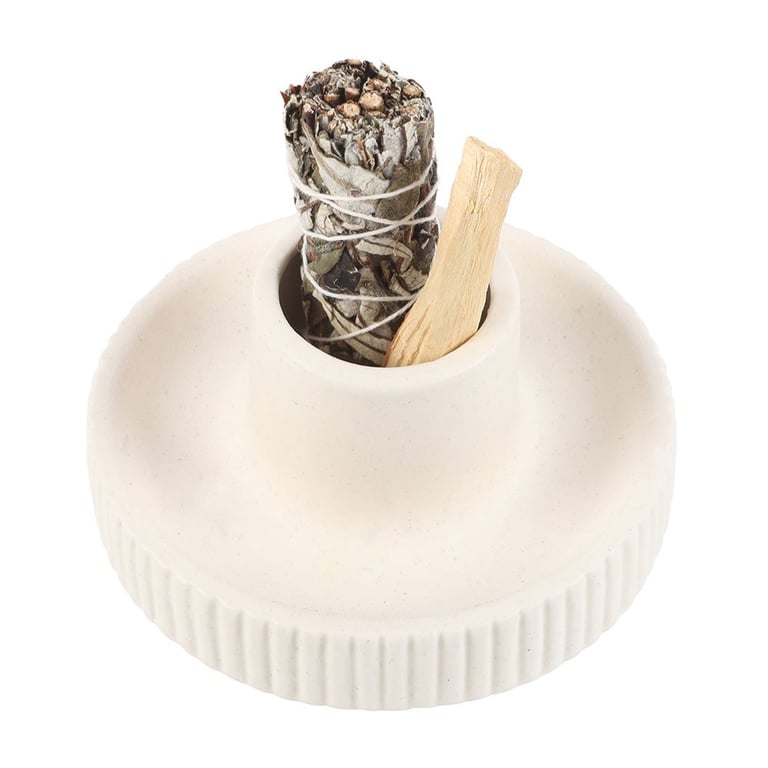 Cream Ribbed Ceramic Smudge Bowl for Spiritual Rituals and Decor