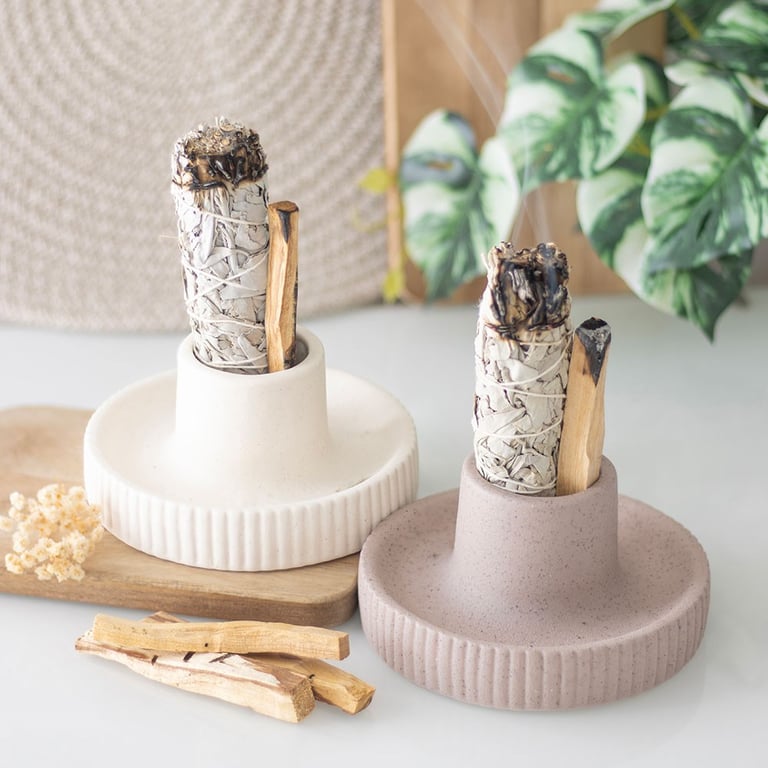 Cream Ribbed Ceramic Smudge Bowl for Spiritual Rituals and Decor