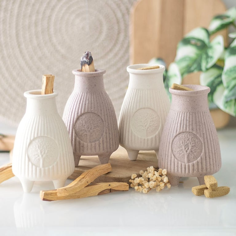 Cream Ribbed Ceramic Palo Santo Burner - Calming Home Decor Accent