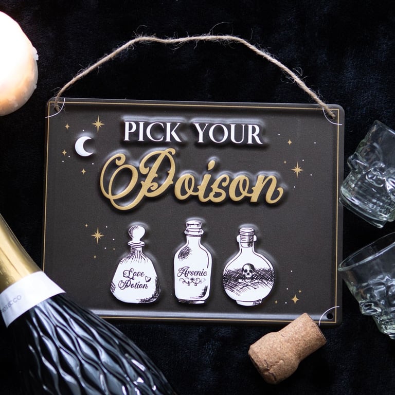 Vintage Pick Your Poison Hanging Metal Sign - Unique Home Bar Decor