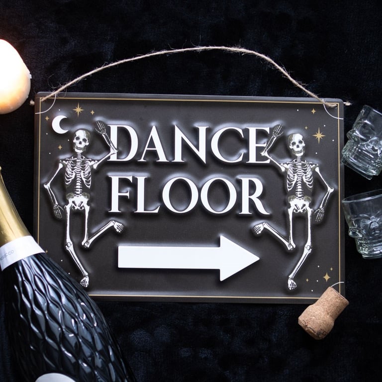 Dance Floor Hanging Metal Sign - Spooky Skeleton Dance Party Decor