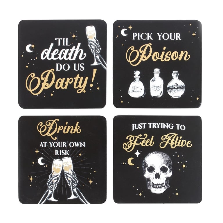 Black and Gold Skeleton Coasters - Macabre Home Bar Decor
