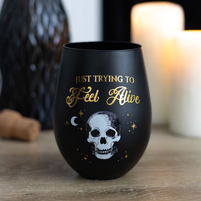 Trying to Feel Alive Black Gold Stemless Wine Glass - Unique Party Glasses