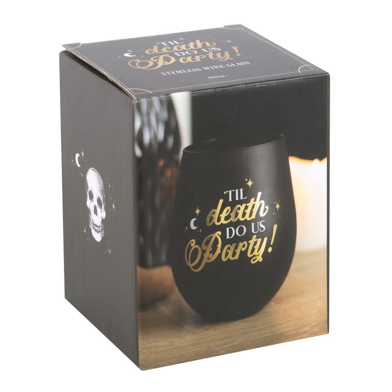 Til Death Do Us Party Stemless Wine Glass - Black Gold Skeleton Design, Unique Wedding Gift