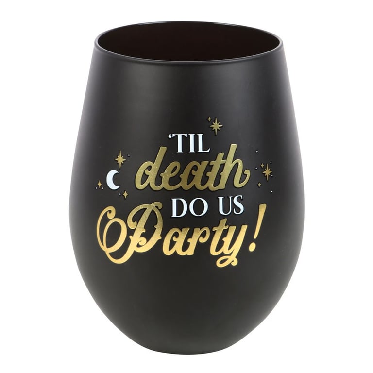 Til Death Do Us Party Stemless Wine Glass - Black Gold Skeleton Design, Unique Wedding Gift
