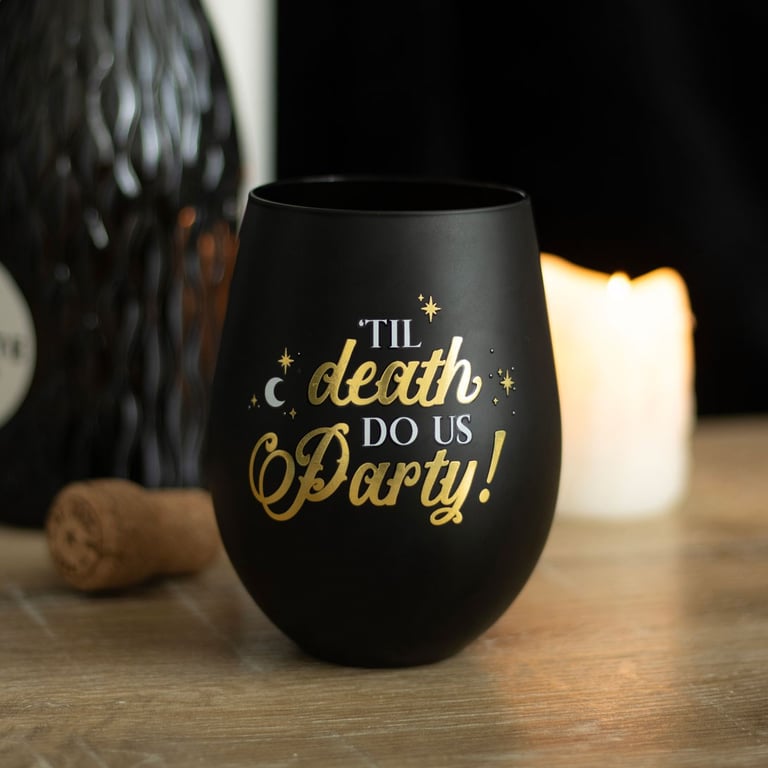 Til Death Do Us Party Stemless Wine Glass - Black Gold Skeleton Design, Unique Wedding Gift