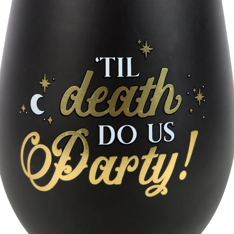 Til Death Do Us Party Stemless Wine Glass - Black Gold Skeleton Design, Unique Wedding Gift
