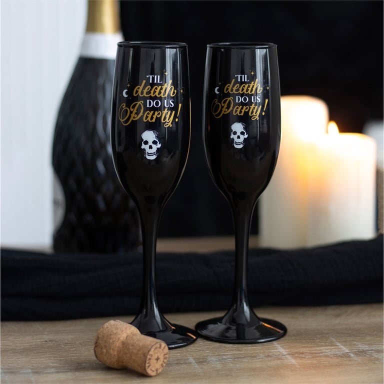 Til Death Do Us Party Black and Gold Champagne Flute Set - Perfect Anniversary Gift