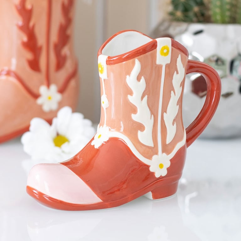 Pink Cowboy Boot Shaped Mug - Hand Wash, Cold Drink, Western Themed Design