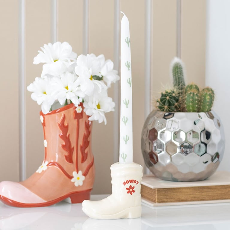 White Cowboy Boot Candle Holder - Western Home Decor with Unscented Paraffin Wax and Cactus Design Taper Candle