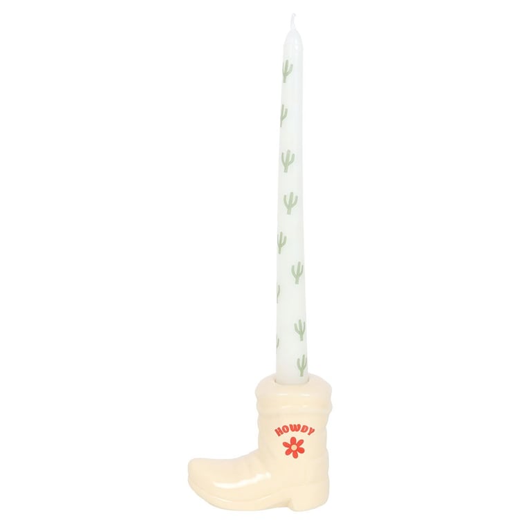 White Cowboy Boot Candle Holder - Western Home Decor with Unscented Paraffin Wax and Cactus Design Taper Candle