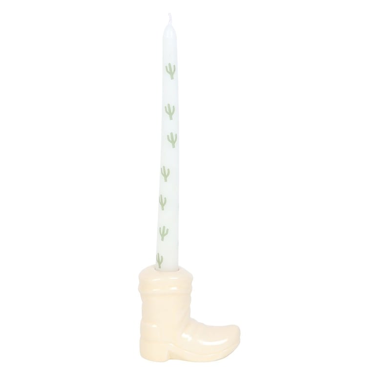 White Cowboy Boot Candle Holder - Western Home Decor with Unscented Paraffin Wax and Cactus Design Taper Candle