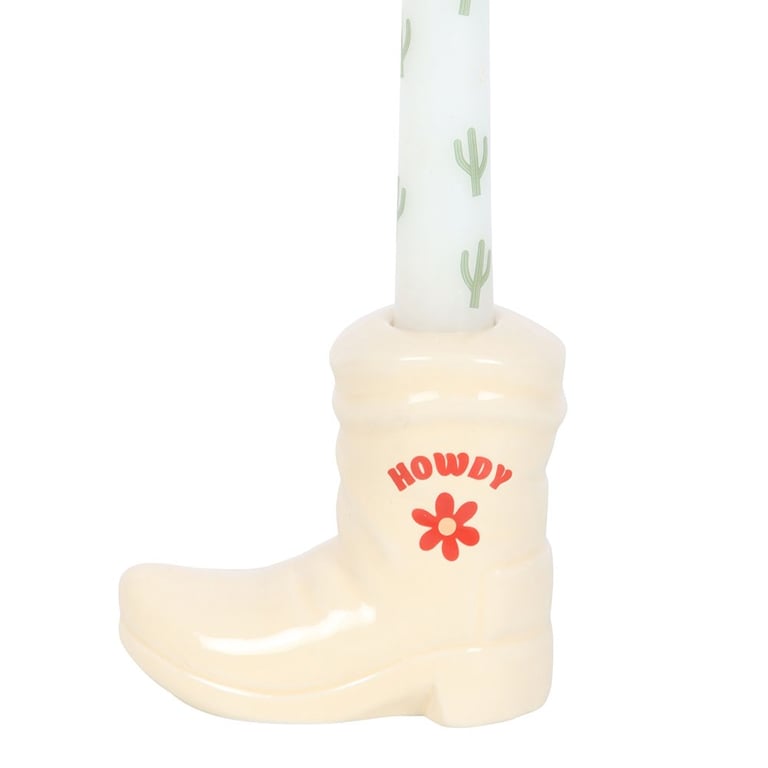 White Cowboy Boot Candle Holder - Western Home Decor with Unscented Paraffin Wax and Cactus Design Taper Candle