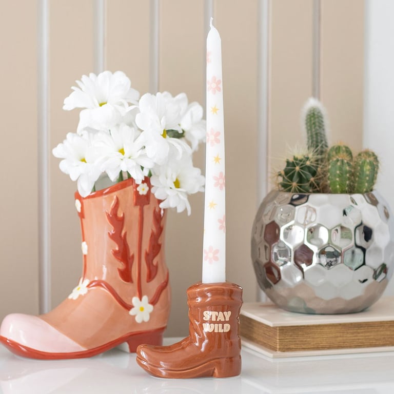 Brown Cowboy Boot Candle Holder - Western Home Decor Taper Candle Holder