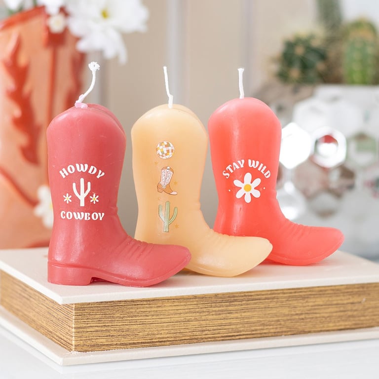Set of 3 Unscented Cowboy Boot Candles - Western Home Decor