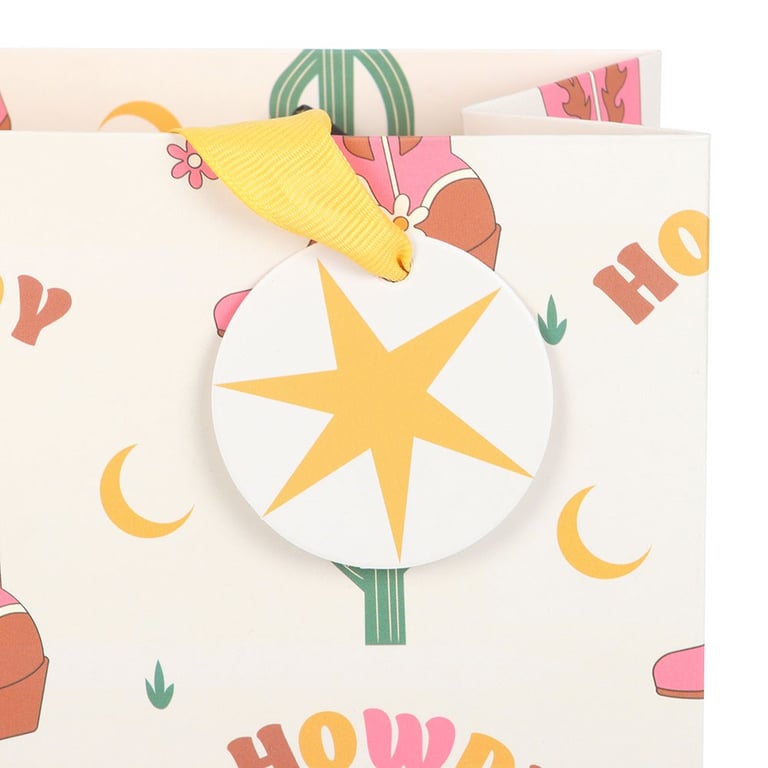 Western Cowboy Boot Print Gift Bag - 23cm Tall with Retro Rodeo Design and Howdy Text