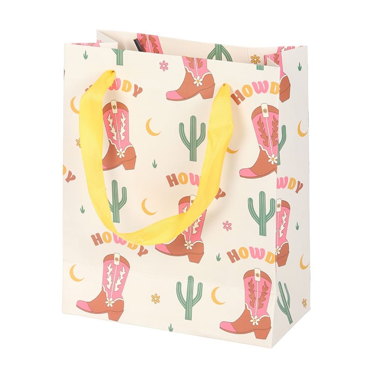 Western Cowboy Boot Print Gift Bag - 23cm Tall with Retro Rodeo Design and Howdy Text