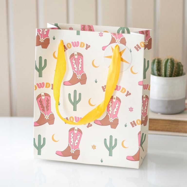 Western Cowboy Boot Print Gift Bag - 23cm Tall with Retro Rodeo Design and Howdy Text