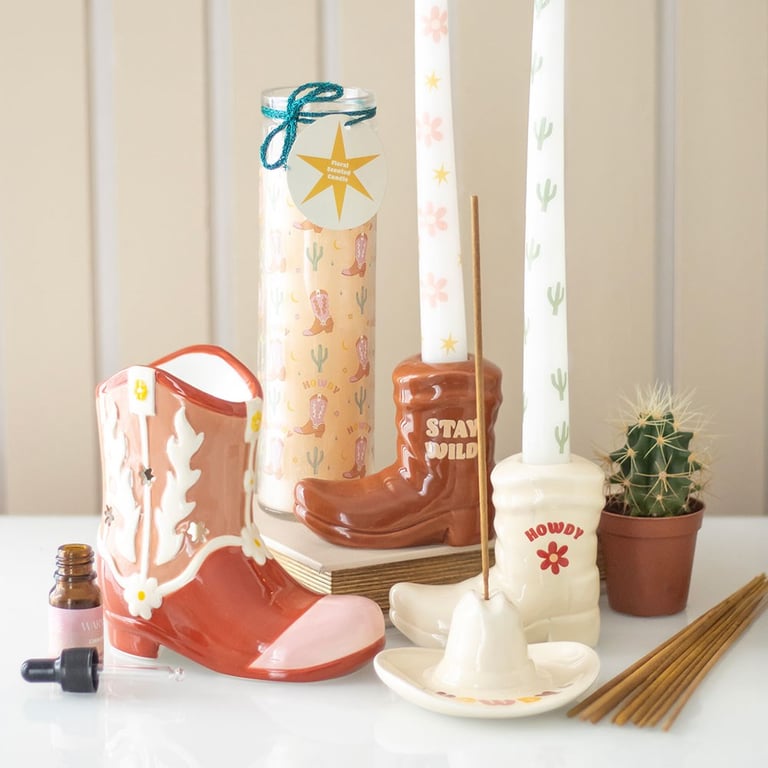 Howdy Cowboy Boot Print Floral Scented 50hr Paraffin Wax Candle