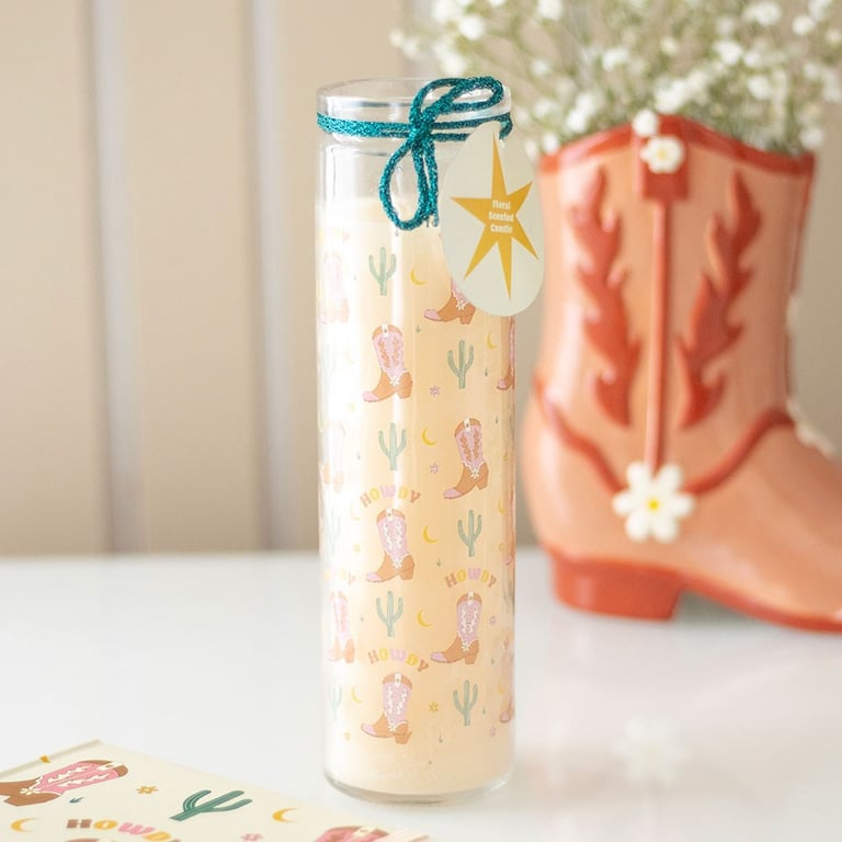 Howdy Cowboy Boot Print Floral Scented 50hr Paraffin Wax Candle