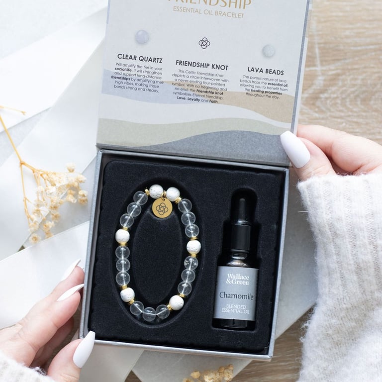 Clear Quartz Essential Oil Friendship Bracelet - Aromatherapy Gift Set with Crystal and Lava Beads