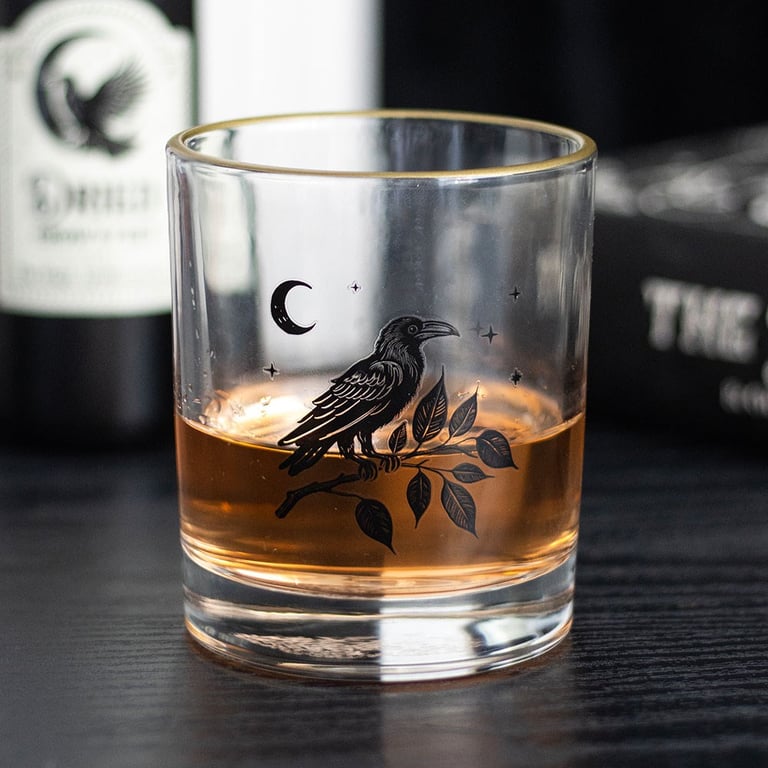 Perched Raven Gothic Glass - Elegant Dark Themed Drinking Glass, 350ml Handwash Only