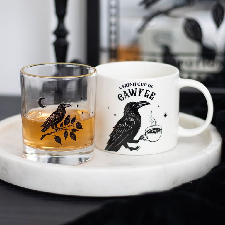 Perched Raven Gothic Glass - Elegant Dark Themed Drinking Glass, 350ml Handwash Only