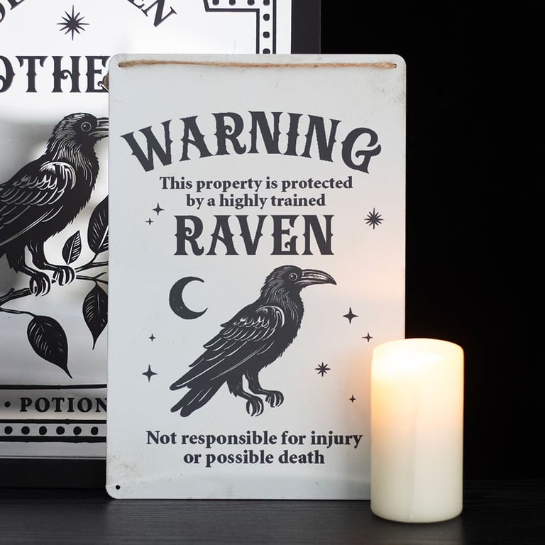 Protected by a Raven Gothic Hanging Sign - Dark Humor Home Decor Entryway Sign