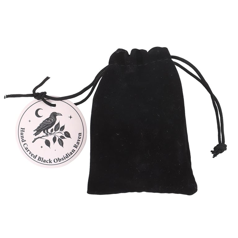 Black Obsidian Raven Ornament - Velvet Pouch Included, Perfect Gift or Home Decor Addition