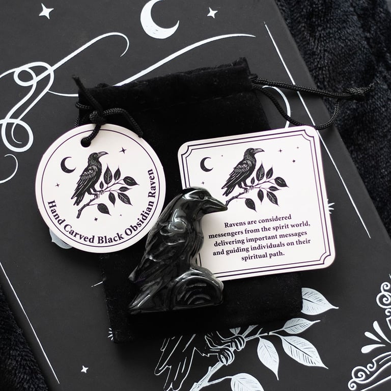 Black Obsidian Raven Ornament - Velvet Pouch Included, Perfect Gift or Home Decor Addition