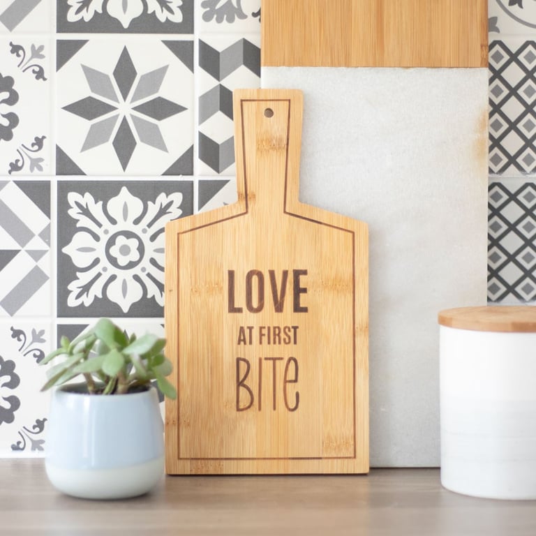 Love At First Bite Bamboo Serving Board - Eco-Friendly & Food Safe Cutting Board for Parties and Romantic Meals