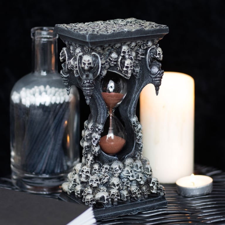 7.5in Gothic Style Resin Glass Hourglass Timer with Dark Red Sand and Skull Design