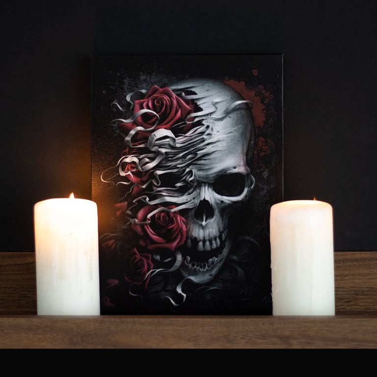 Skulls n Roses 19x25cm Dark Art Canvas Plaque - Gothic Home Decor by Spiral Direct