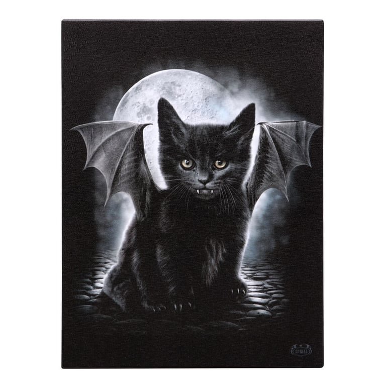 19x25cm Bat Cat Canvas Plaque - Dark Vampire Kitten Art for Gothic Home Decor