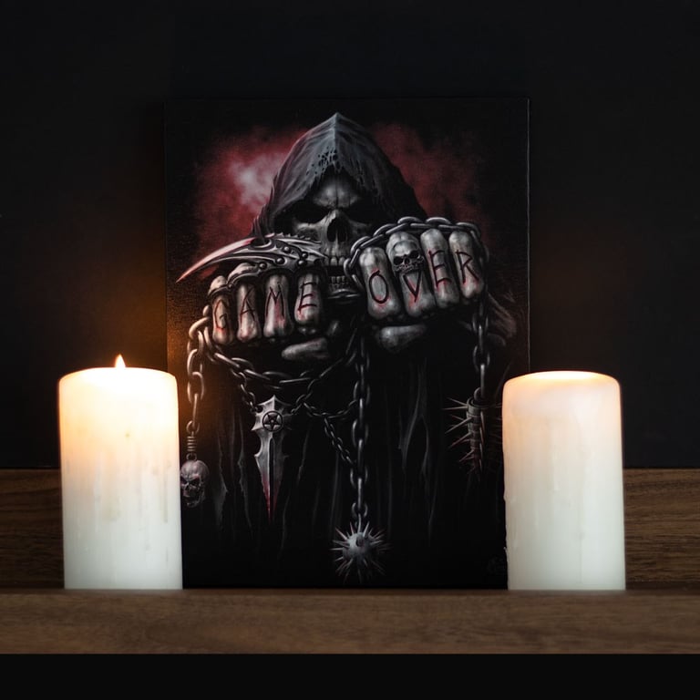 Game Over Canvas Plaque by Spiral Direct - Dark Gothic Wall Art 19x25cm