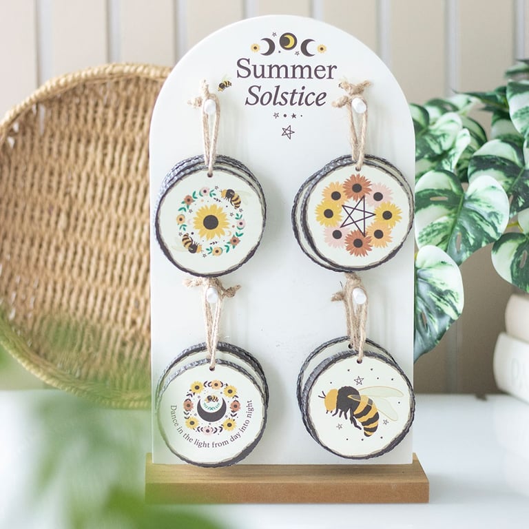 Summer Solstice Wood Slice Decorations Set - 16 Hanging Wall Art Pieces