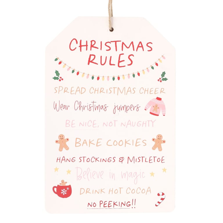 Sugarplum Fun Christmas Rules Hanging Sign - Festive Home Decoration for Holiday Cheer and Baking Fun