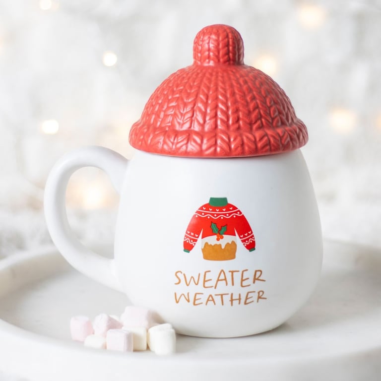 Sweater Weather Lidded Mug - Red Bobble Hat Lid, 480ml, Handwash Only, Perfect for Winter Season
