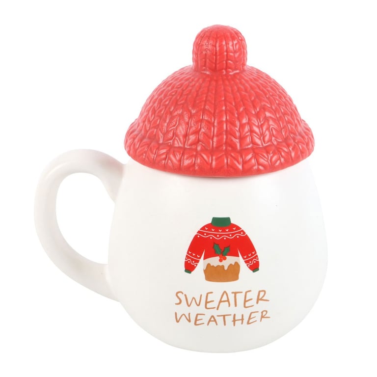 Sweater Weather Lidded Mug - Red Bobble Hat Lid, 480ml, Handwash Only, Perfect for Winter Season