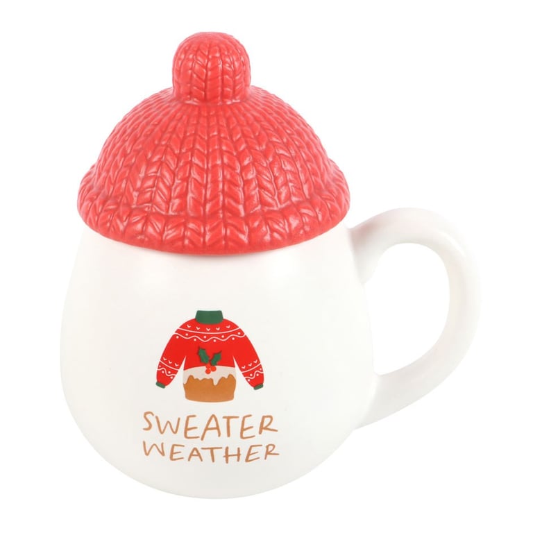 Sweater Weather Lidded Mug - Red Bobble Hat Lid, 480ml, Handwash Only, Perfect for Winter Season