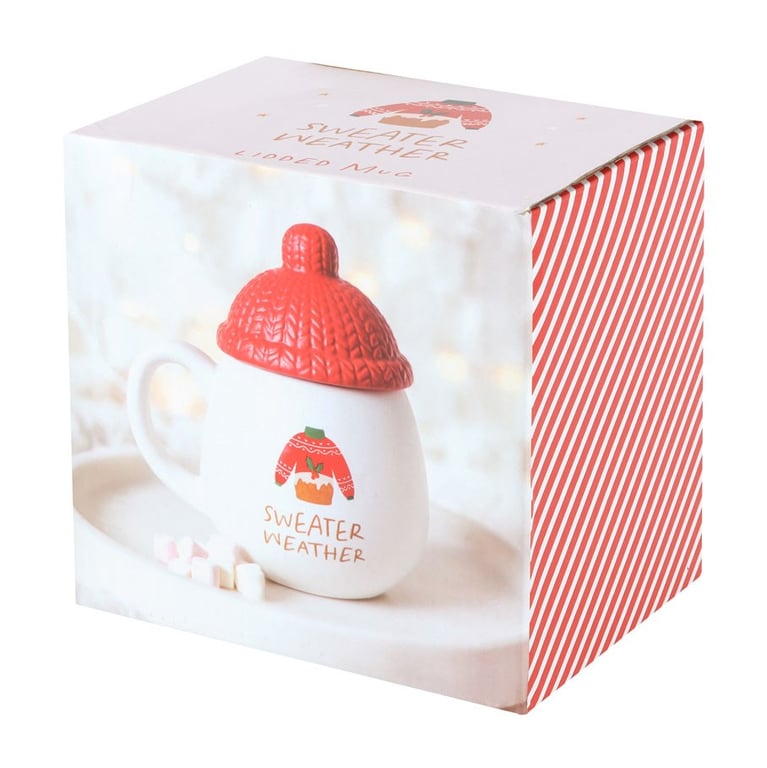 Sweater Weather Lidded Mug - Red Bobble Hat Lid, 480ml, Handwash Only, Perfect for Winter Season