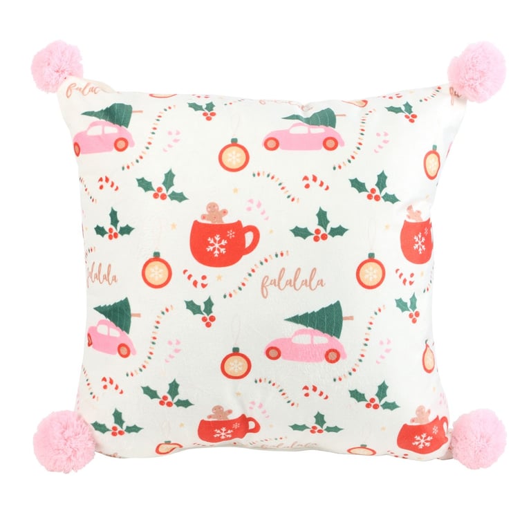 Square Sugarplum Fun Christmas Print Cushion - Modern Twist on Festive Home Decor with Pink Pom Poms