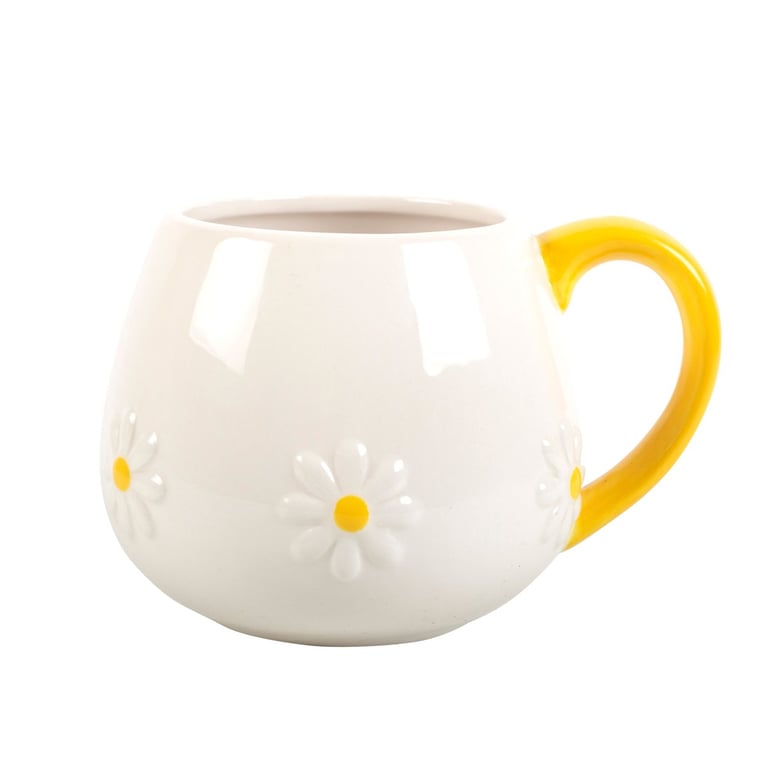 Daisy Rounded Mug - Cheerful 460ml Embossed Design with Yellow Handle and Microwave Safety