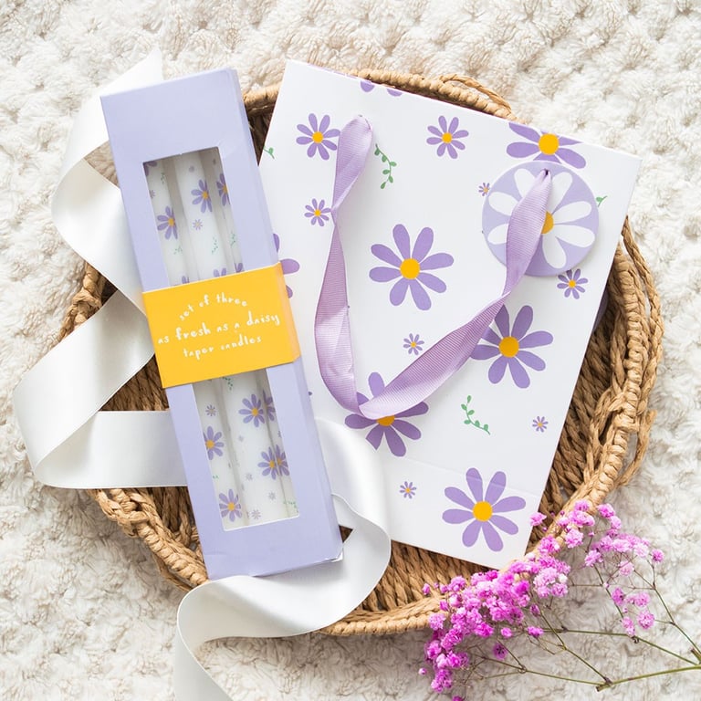 Purple Daisy Taper Candles - Unscented Paraffin Wax for Springtime Home Decor