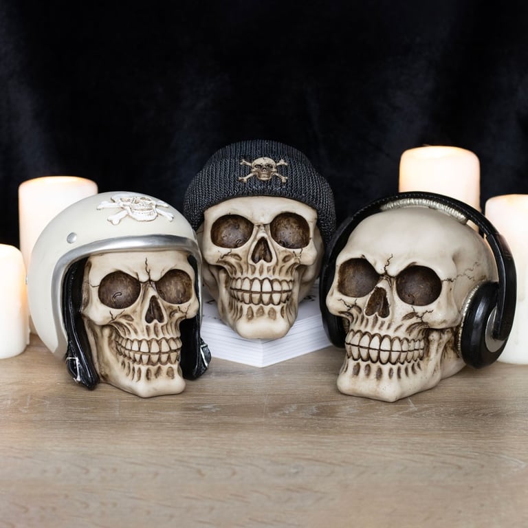 Realistic Resin Skull Ornament with Black Beanie and Handpainted Design